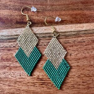 Green and Gold Seed Bead Earrings Handwoven Beaded Earrings Gift for Her